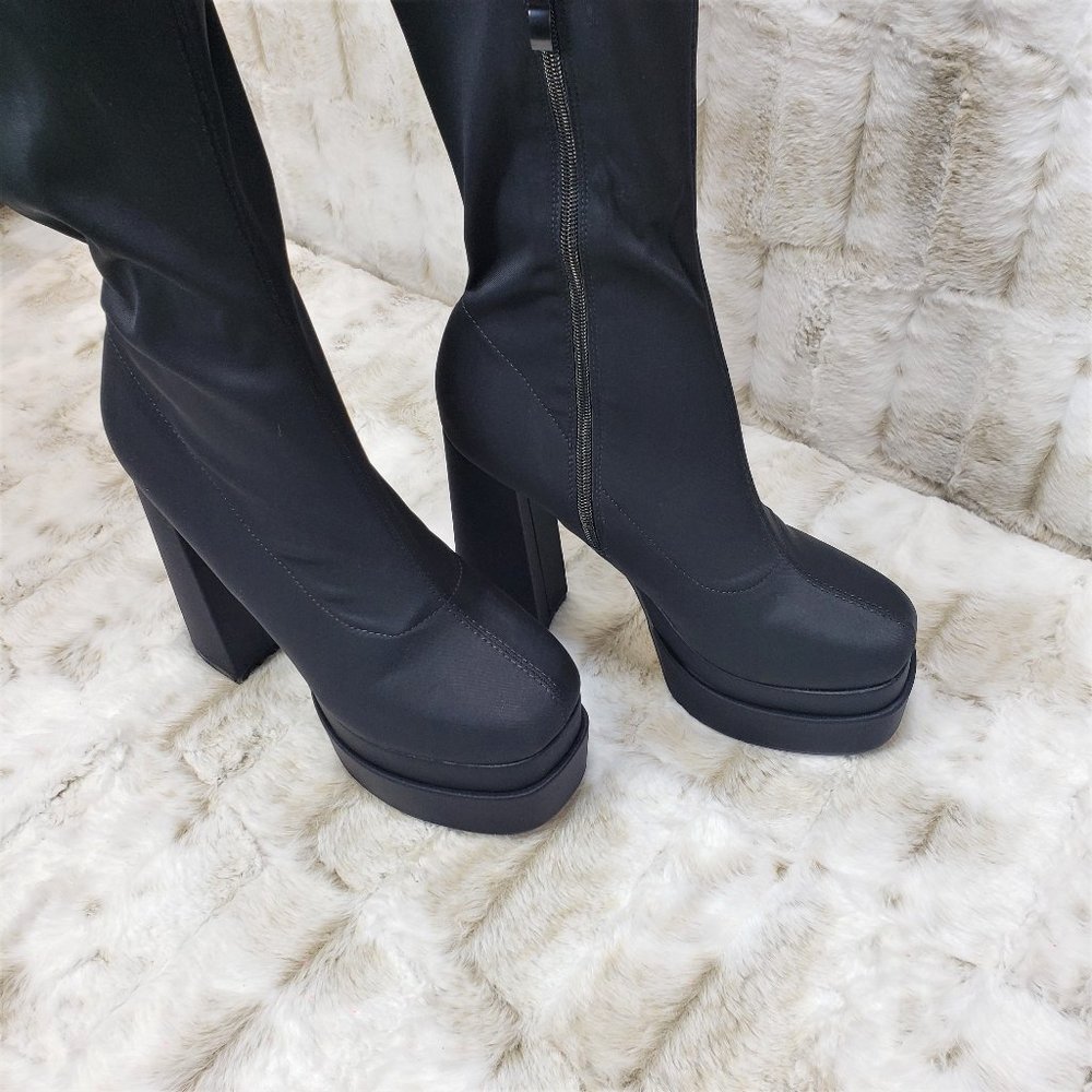 ☆ Stacked Black Stretch Leatherette Thigh High Chunky Heel Double Platform Boots - Picture 10 of 10